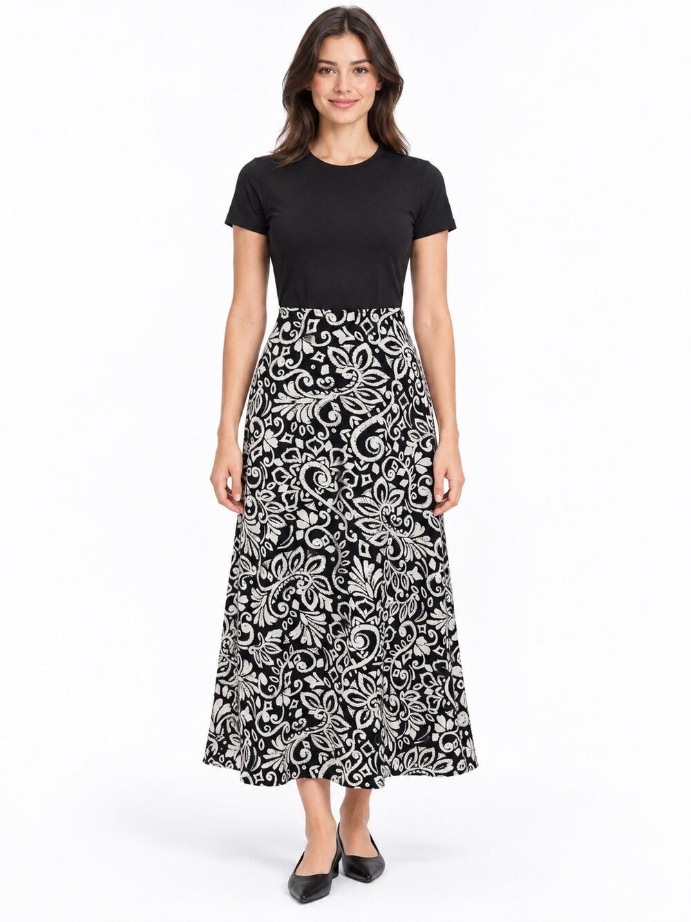 Croft & Barrow Black & White Floral Print A-Line Midi Skirt